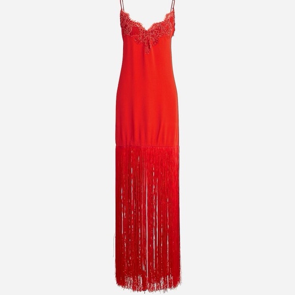 J. Crew Collection Vibrant Red Maxi Dress With Lace And Fringe Size 10